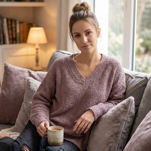 Babaton Aritzia Women's Brown Teddy Oversized V-Neck Lounge Sweater Size Medium